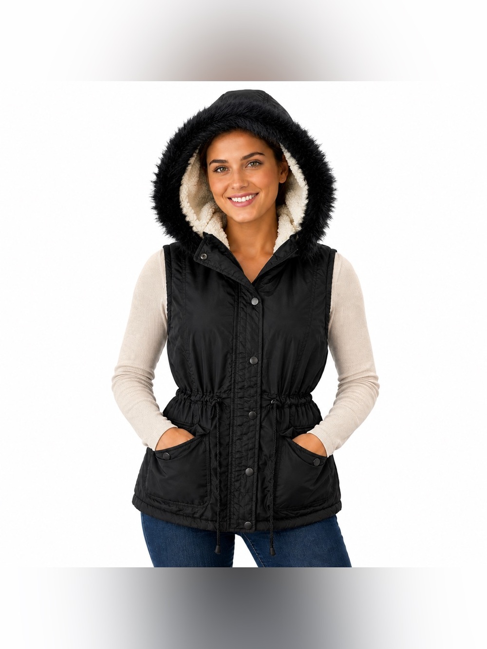 Outdoor Collection Womens Black Sherpa Lined Hooded Puffer Vest Faux Fur Medium